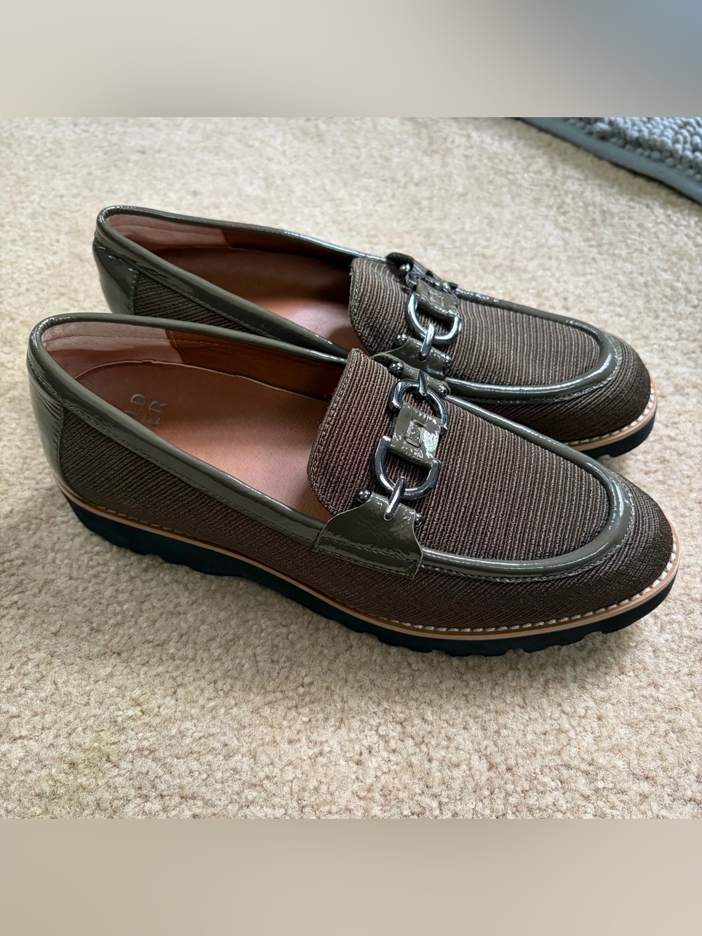 Donald J Pliner women’s olive green loafers with gunmetal buckle detail size 8